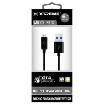 Câble de recharge et de synchronisation micro USB vers USB 1,8 m (6 pi) 92306 de Xtreme - Noir