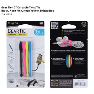 NITE IZE GEAR TIE CORDABLE TWIST TIE 3 INCH - 4 PACK - ASSORTED