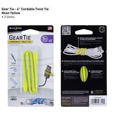 NITE IZE GTK6-33-2R7 GEAR TIE CORDABLE TWIST TIE 6 INCH - 2 PACK - NEON YELLOW