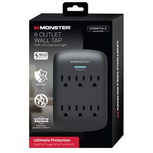 Monster Essentials Wall tap surge protector, 6 AC, Black