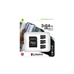 Kingston 64GB micSDHC Canvas Select Plus 100R A1 C10 3 Pack + 1 ADP (Canada)