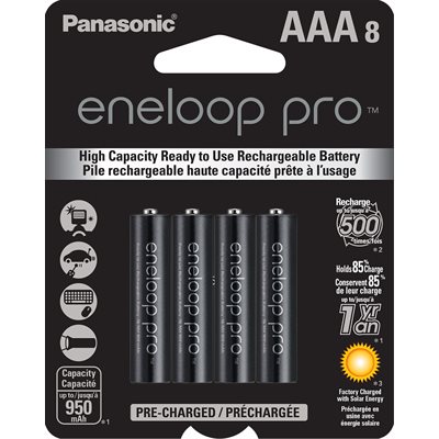 Panasonic eneloop pro 500 cycle 8-pack AAA high capacity Ni-MH precharged rechargeable batteries