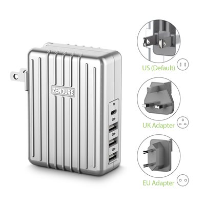 Zendure A-Series 4-Port 45W Wall Charger with PD & US UK EU Plug Silver ENG Only PKG Zendure A-Series 4-Port 45W Wall Charger with PD & US UK EU Plug Silver ENG Only PKG