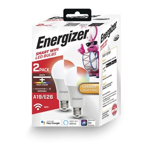 Energizer - Ampoule Wifi intelligente LED A19  Blanche et Multicolore - Paquet de 2