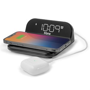 iHome - Réveille-matin Bluetooth avec chargeur USB et sans fil QI - Noir