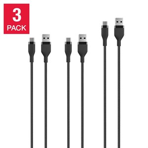 Aduro Tech Ubio Labs Braided USB-A to USB-C Charging Cable Black, 3-Pack 2x6FT & 1x10FT
