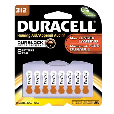 DURACELL ZINC AIR HEARING AID BATTERIES 312 Zinc Air Battery PACK OF 8