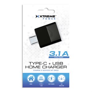 Xtreme – Chargeur maison USB-A 3.1A + USB-C (PD) 15.4W  – Noir