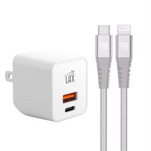 LAX - Chargeur mural double USB-C 20W PD + USB-A avec câble USB-C vers Lightning  6pieds - Blanc