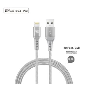 LAX - 10FT Apple MFi Braided Nylon Lightning Cable - Grey