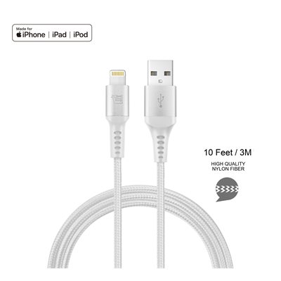 LAX - Câble Lightning en nylon tressé Apple MFi de 10 pieds - Argent