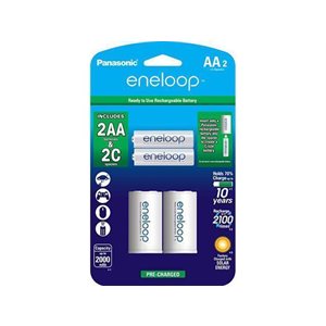 Panasonic Eneloop Pack of 2 Rechargeable AA Ni-MH Batteries w/C Spacers