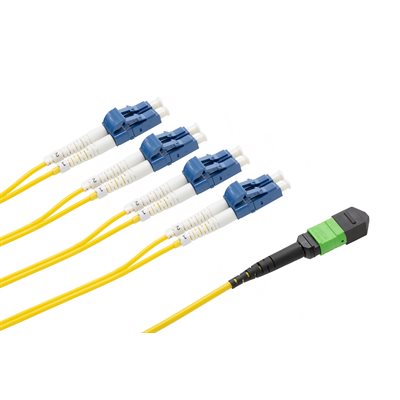 Optic.ca 1M Fiber Patch Cable OS2,8F MTP APC US Conec,SM,to 4x LC/UPC Duplex,2mm yellow Corning