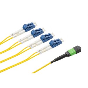 Optic.ca 1M Fiber Patch Cable OS2,8F MTP APC US Conec,SM,to 4x LC/UPC Duplex,2mm yellow Corning