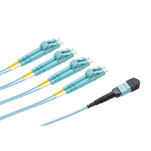 Optic.ca 1M Fiber Patch Cable OM4,8F MTP UPC US Conec,MMF,to 4x LC/UPC Duplex,2mm aqua Corning