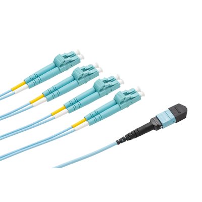 Optic.ca 2M Fiber Patch Cable OM4,8F MTP UPC US Conec,MMF,to 4x LC/UPC Duplex,2mm aqua Corning