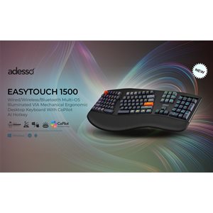 Adesso Wireless/Bluetooth/USB Multi OS 2X Large Print Illuminated Ergonomic Mechanical Keyboard