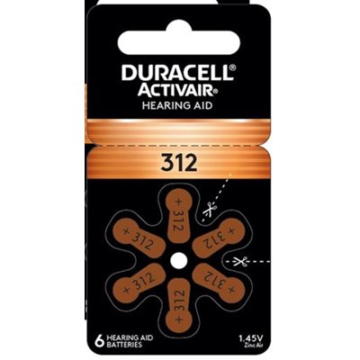 DURACELL ZINC AIR HEARING AID BATTERIES 312 Zinc Air Battery PACK OF 6